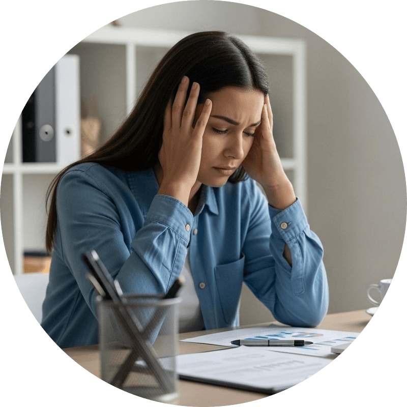 A woman at a desk holding her head, feeling mentally overwhelmed by her workload