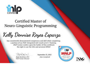 Certified Master of Neuro-Linguistic Programming certificate from the INLP Center for Kelly Reyes Rivera